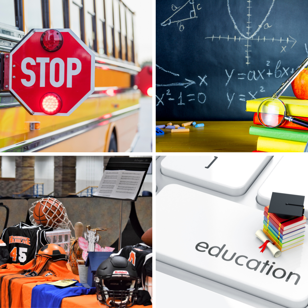 Photo collage, bus stop sign, chalkboard, sports items, education key